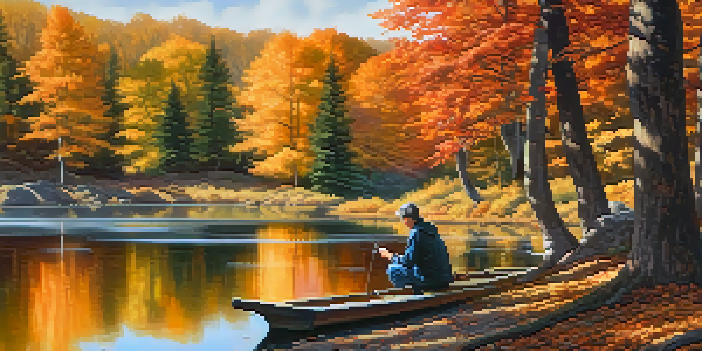 An artist painting by a calm lake with autumn trees reflecting in the water, illuminated by soft sunlight.