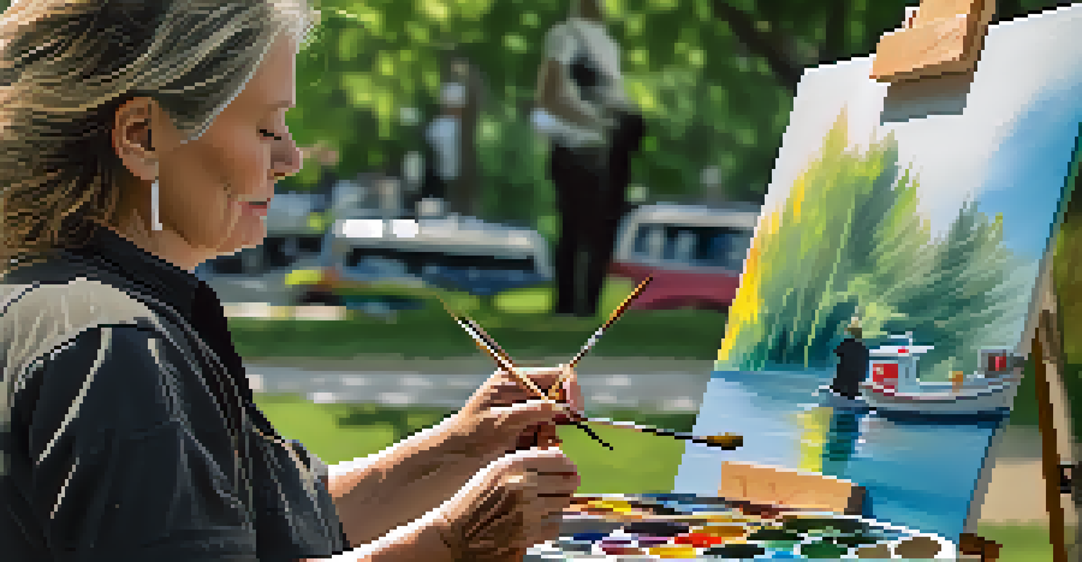 A close-up of an artist painting on canvas at an outdoor art walk, surrounded by brushes and paints, illuminated by soft natural light.