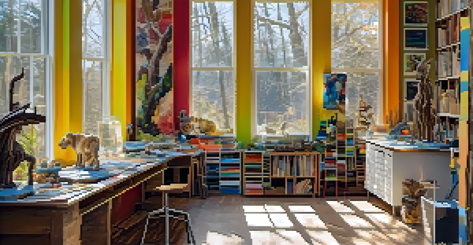 An artist's studio showcasing colorful sculptures made from recycled materials, emphasizing creativity and environmental awareness.