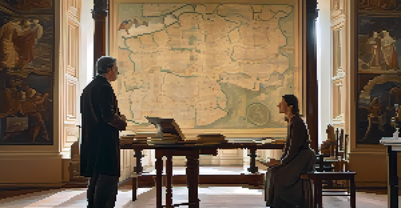 An art historian and a restorer discussing a restoration plan for an ancient fresco in a warmly lit room filled with art books and artifacts.