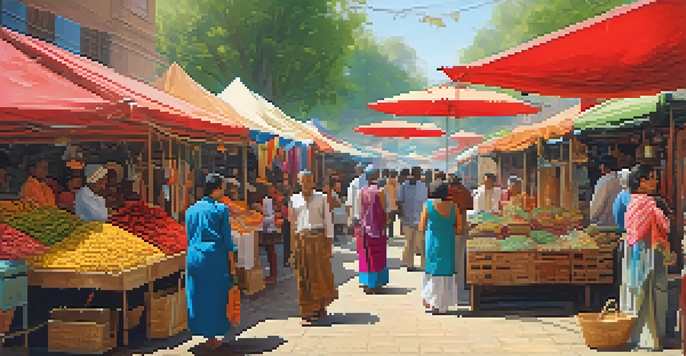 A lively street market filled with colorful stalls displaying traditional crafts, surrounded by people of various backgrounds interacting under warm sunlight.