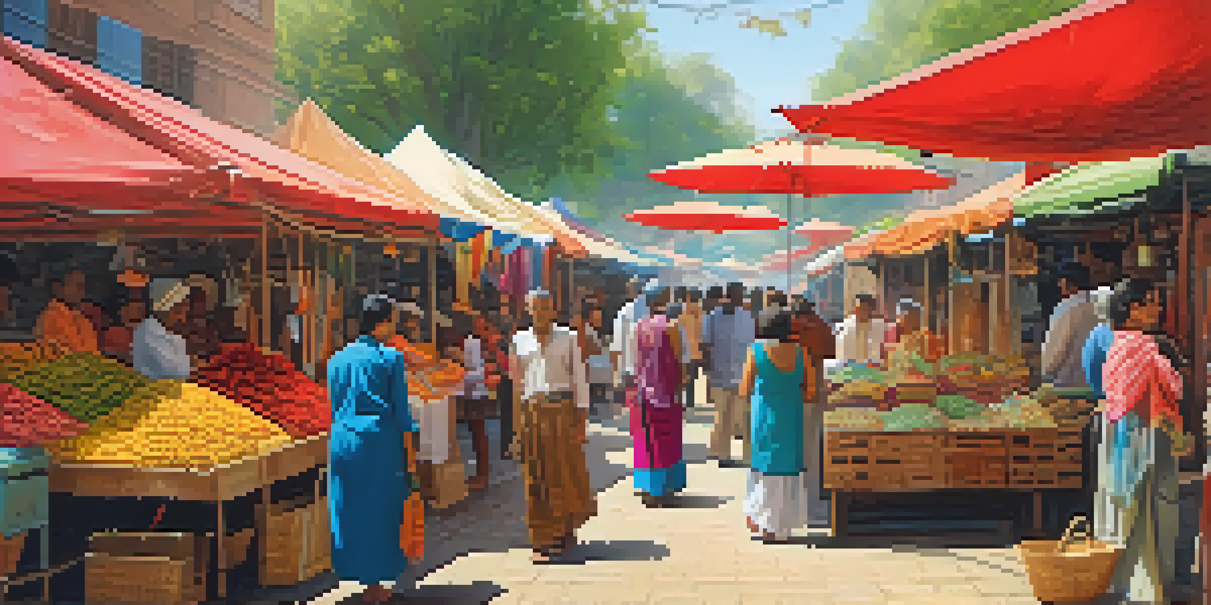 A lively street market filled with colorful stalls displaying traditional crafts, surrounded by people of various backgrounds interacting under warm sunlight.