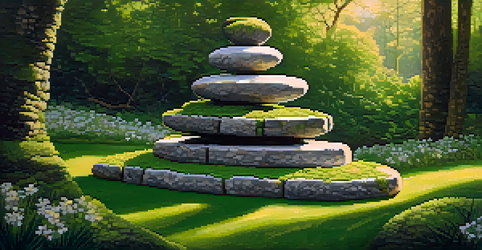 A stone sculpture covered in moss, surrounded by blooming flowers in a garden, illuminated by late afternoon sunlight.