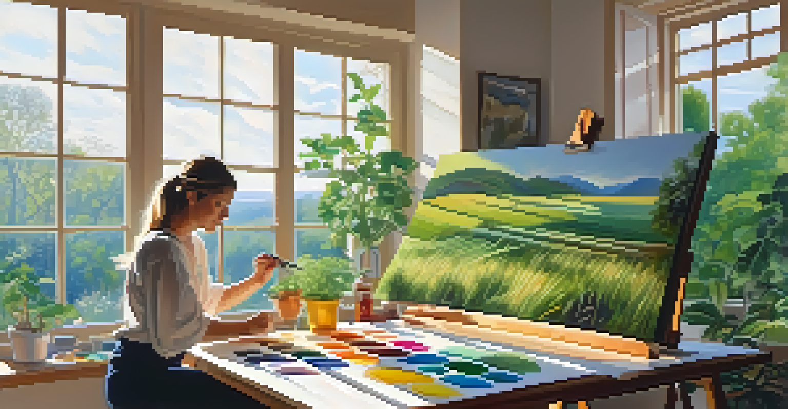 An artist in a sunlit studio mixing bio-based paints on a palette, with a nature-themed canvas in the background and plants around the space.