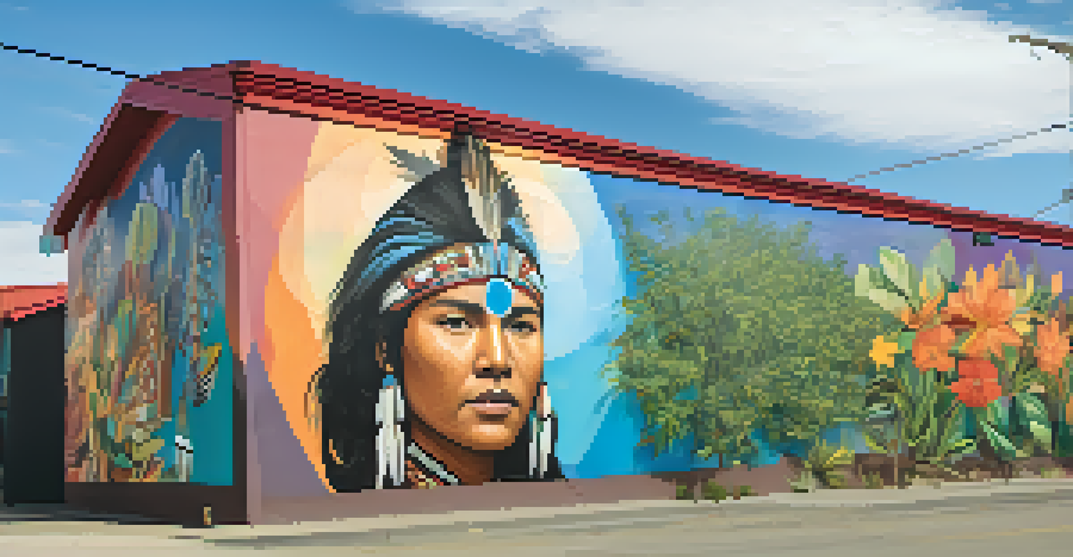 A large colorful mural illustrating Indigenous narratives about nature and community, displayed on a building's exterior.
