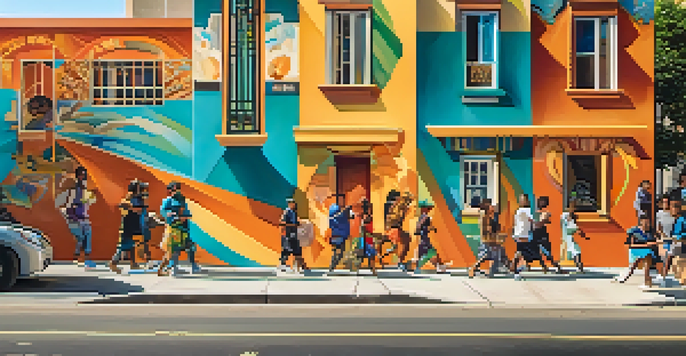 A colorful street mural illustrating diverse people working together for social justice, with bright colors and intricate details.