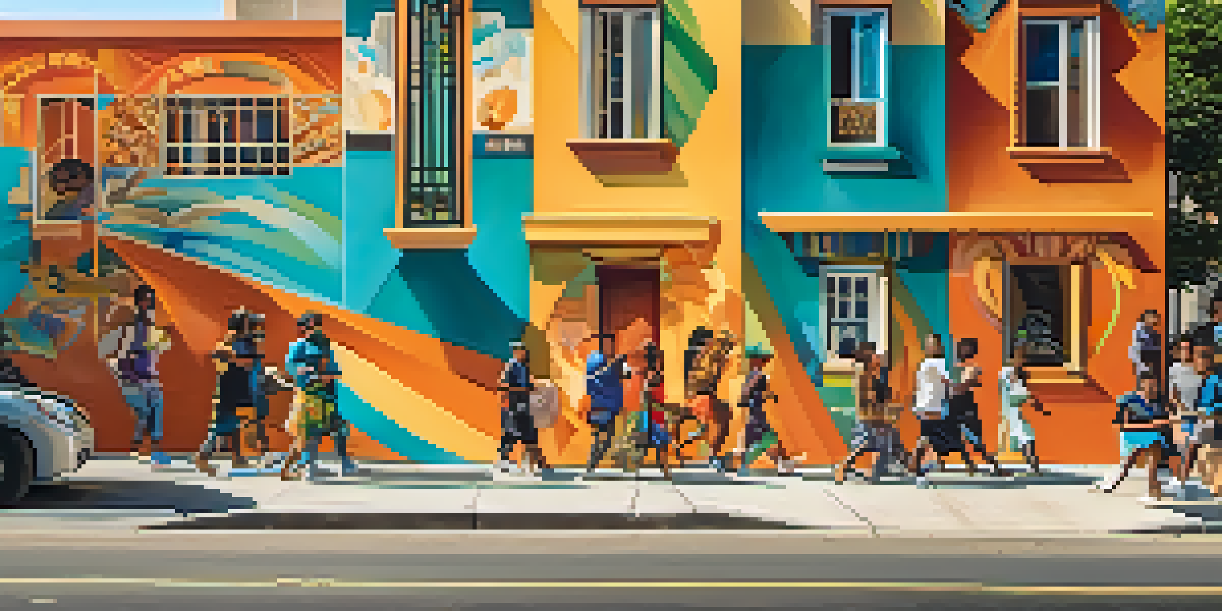 A colorful street mural illustrating diverse people working together for social justice, with bright colors and intricate details.