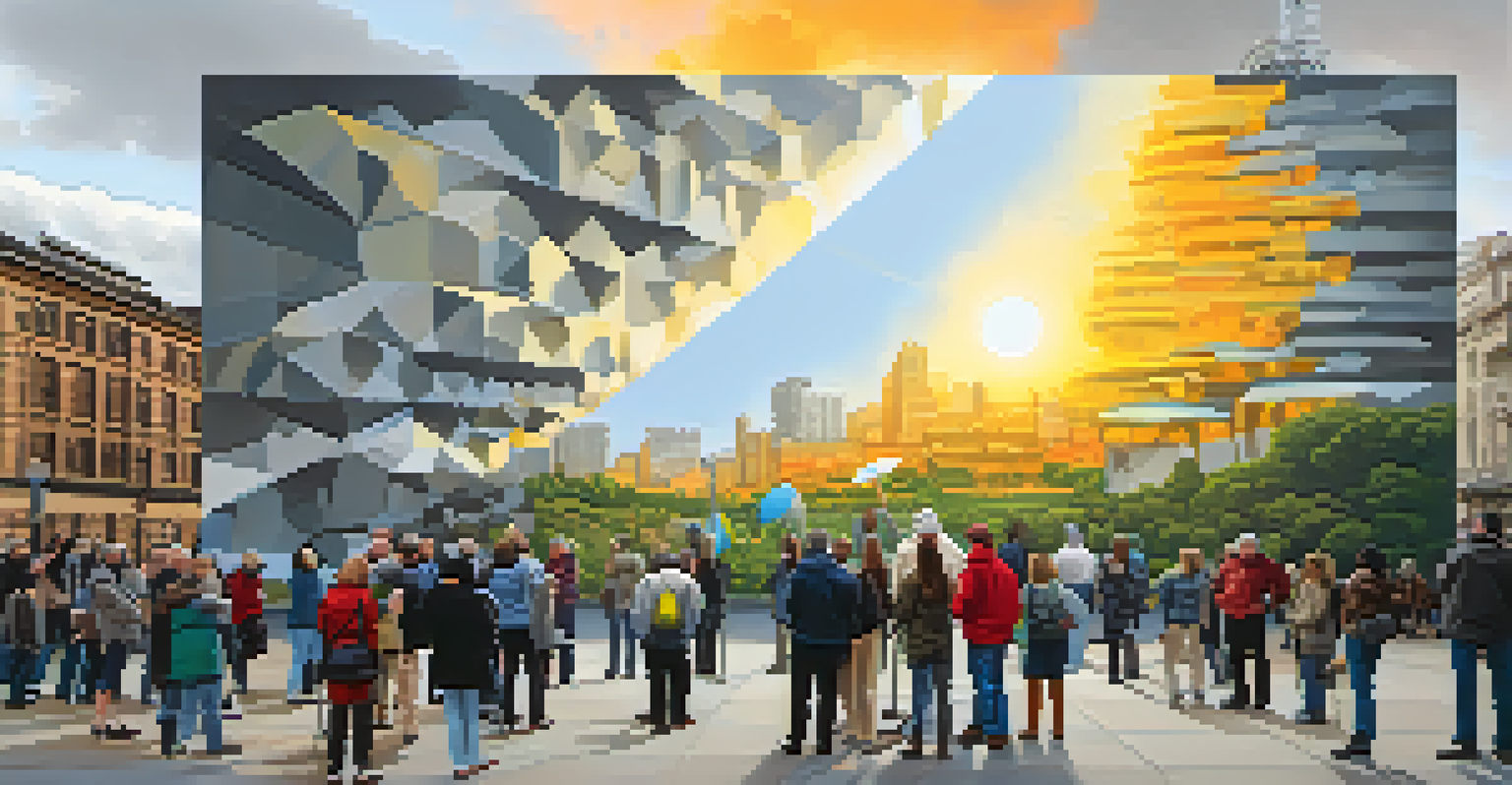 A vibrant public art installation addressing climate change, surrounded by onlookers in a city square, illuminated by a golden sunset.
