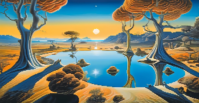 A surreal landscape with melting clocks, distorted trees, and a reflective pool of water, showcasing vibrant colors and a dreamlike atmosphere.