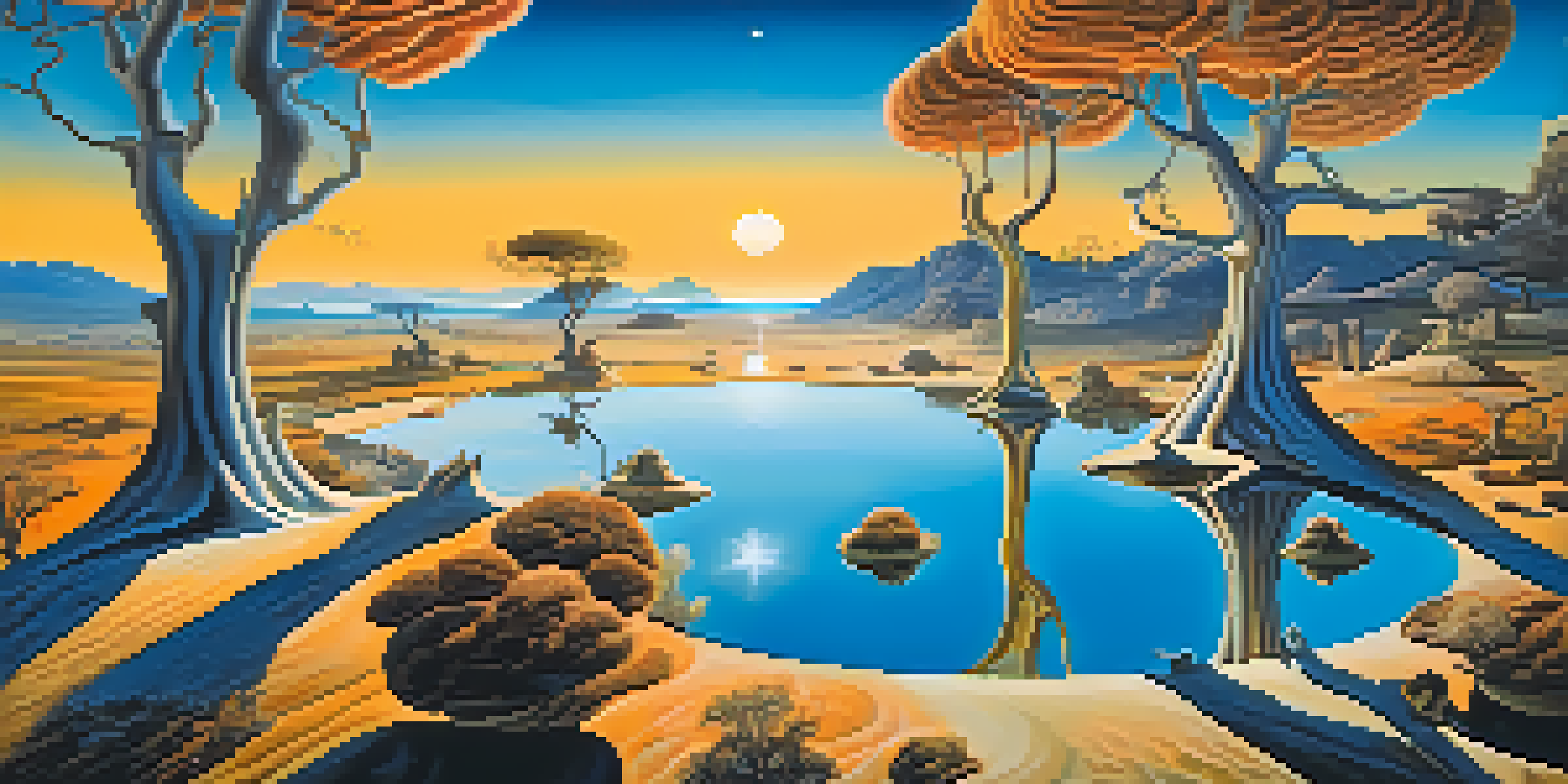 A surreal landscape with melting clocks, distorted trees, and a reflective pool of water, showcasing vibrant colors and a dreamlike atmosphere.