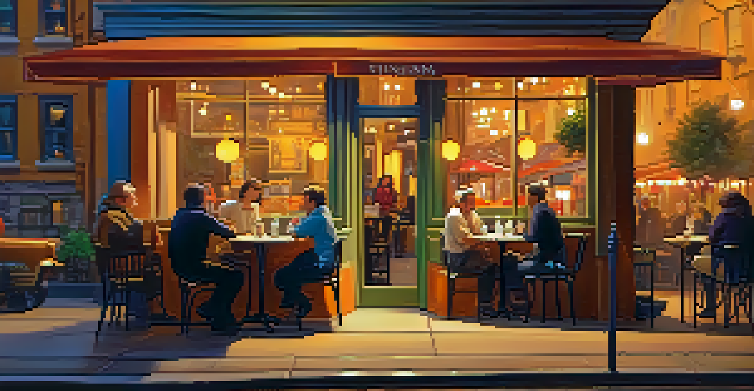 A cozy café filled with warm lights and colorful artwork, with rain falling outside the window.