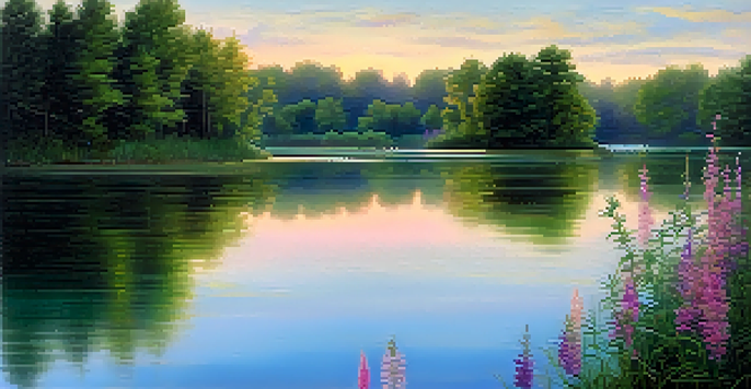 A peaceful lake surrounded by green trees and colorful flowers, with a soft dawn sky reflecting on the water.