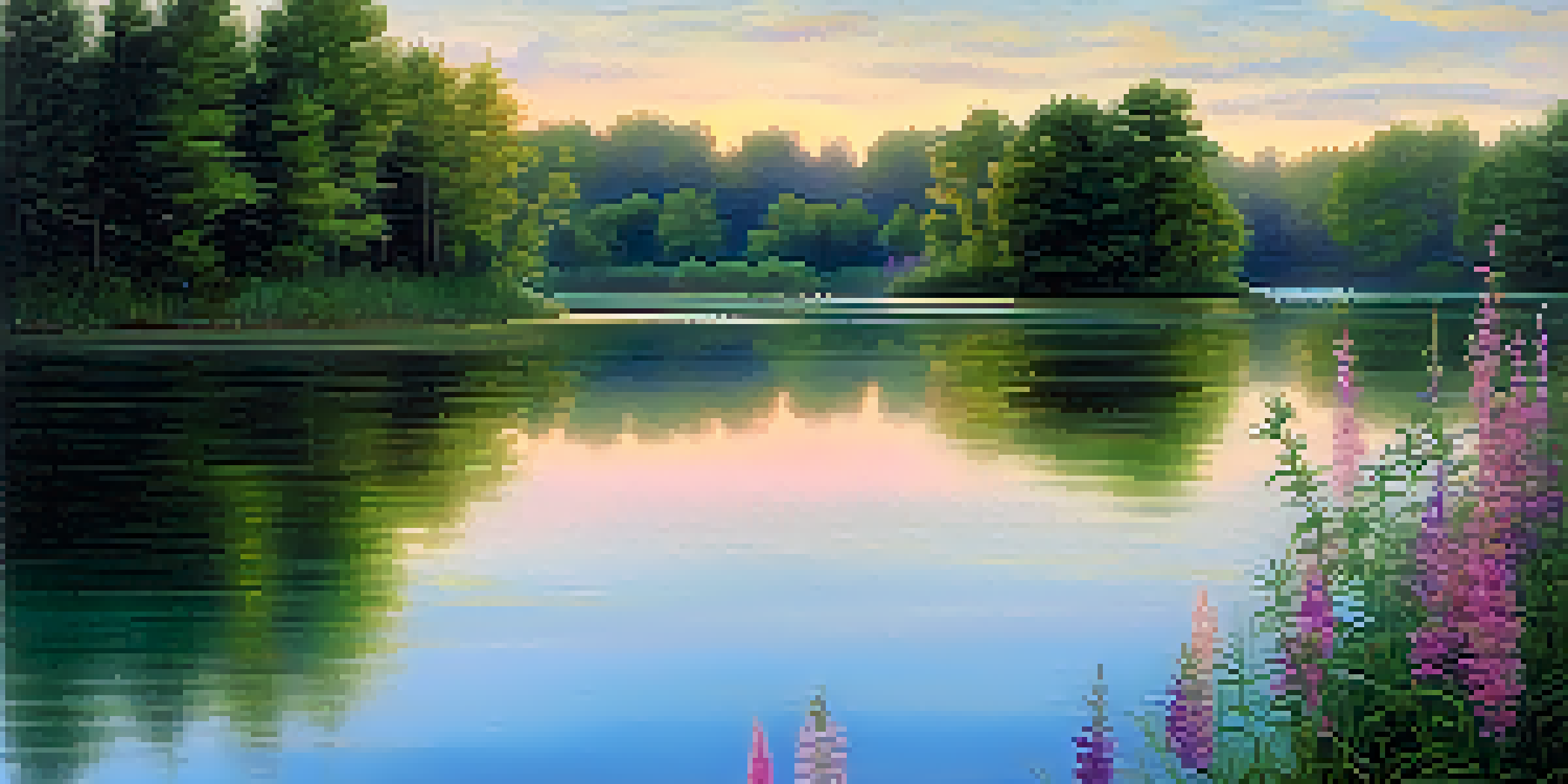 A peaceful lake surrounded by green trees and colorful flowers, with a soft dawn sky reflecting on the water.