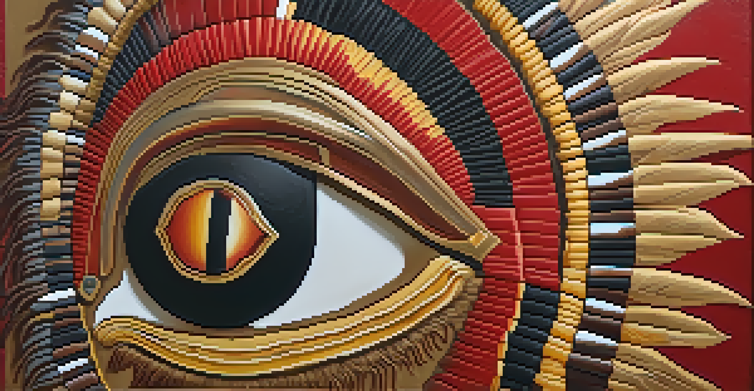 A close-up view of a traditional Native American painting rich in symbolism, featuring vibrant reds and golds.