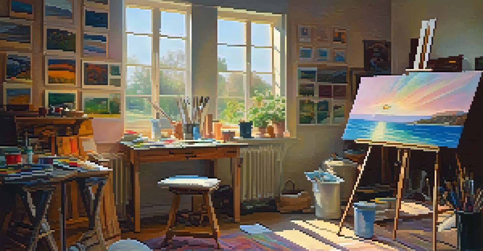 An artist's studio with vibrant colors, warm sunlight, and a canvas featuring soft, flowing strokes in pastel tones.