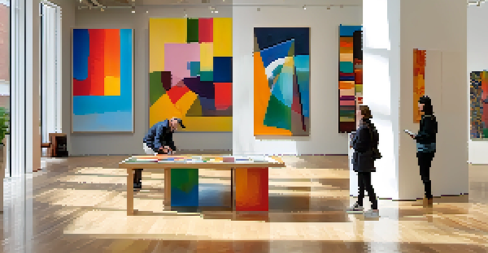 A bright and colorful contemporary art gallery filled with abstract paintings and visitors interacting with the art.