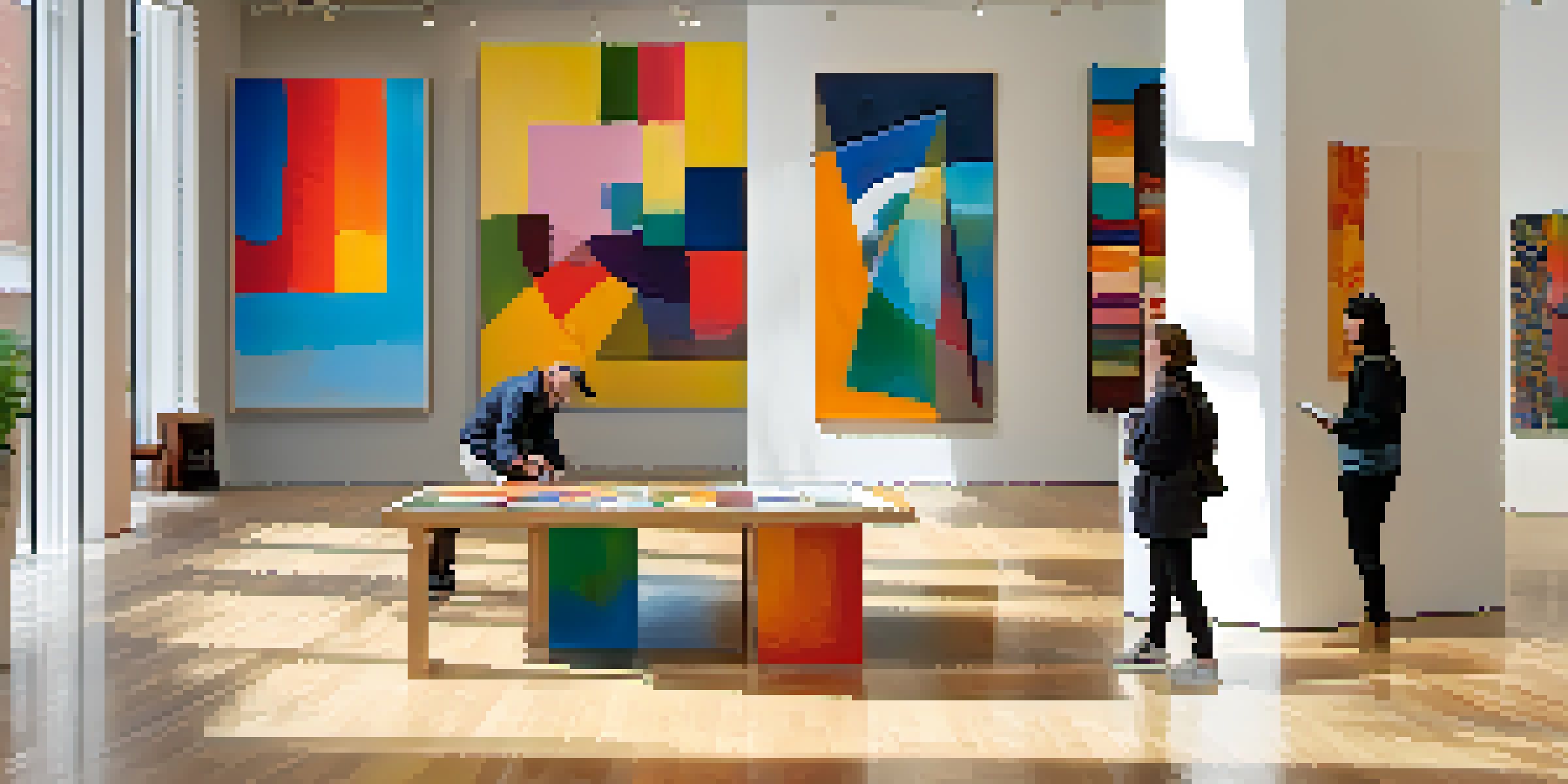 A bright and colorful contemporary art gallery filled with abstract paintings and visitors interacting with the art.