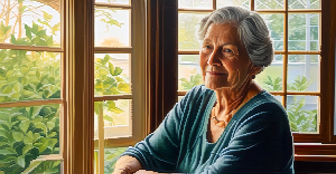 An elderly woman with a gentle smile, sitting by a sunlit window with green trees outside.
