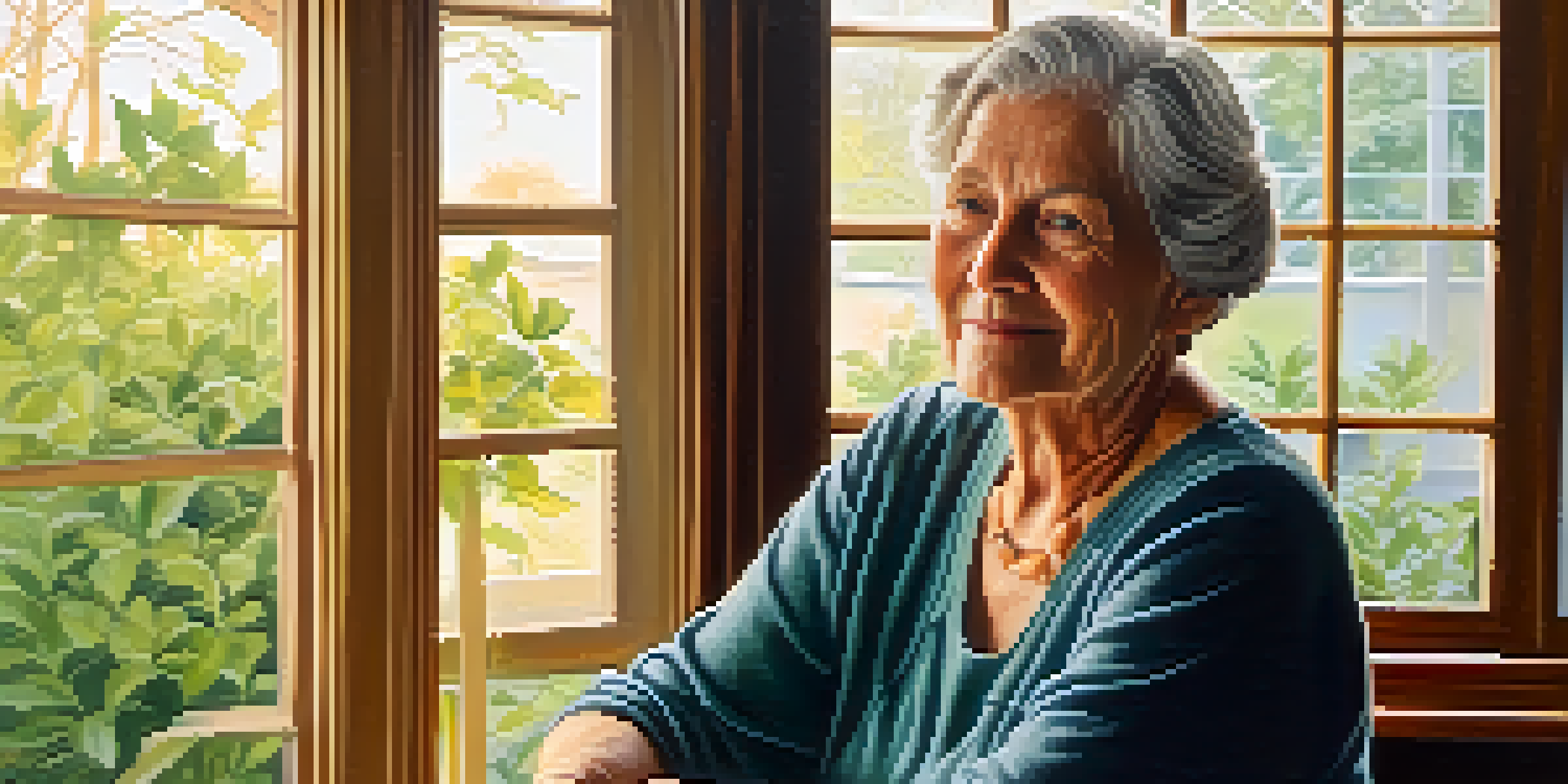 An elderly woman with a gentle smile, sitting by a sunlit window with green trees outside.