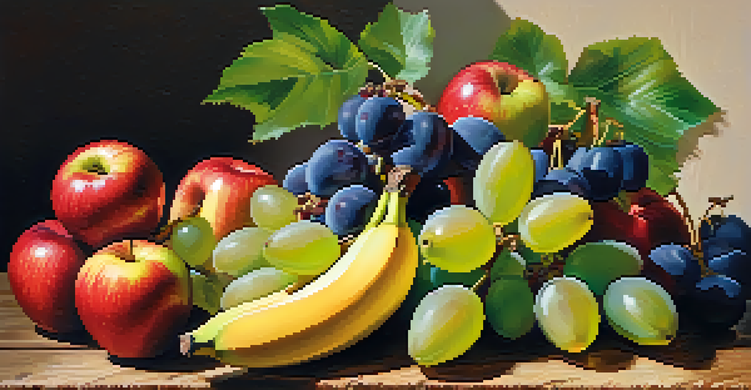 A still life of colorful fruits including apples, bananas, and grapes on a wooden table, illuminated by natural light.
