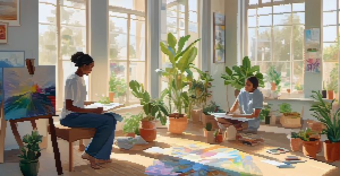 A bright and peaceful art therapy session with diverse individuals creating art. One person paints, another draws, and a third makes a collage, surrounded by completed artworks and plants.