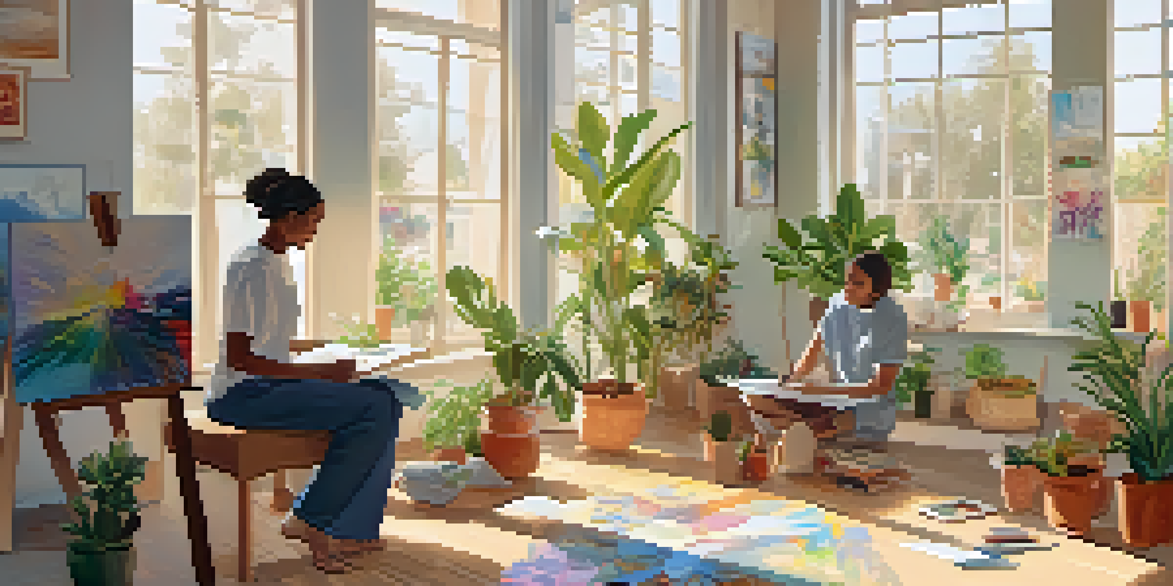 A bright and peaceful art therapy session with diverse individuals creating art. One person paints, another draws, and a third makes a collage, surrounded by completed artworks and plants.