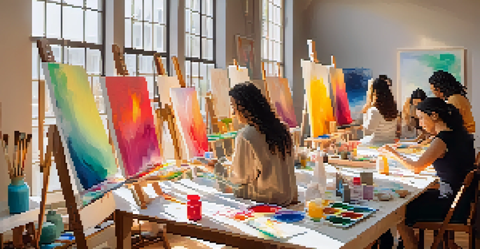 A group of individuals engaged in an art therapy session, painting in a bright studio with large windows and colorful art supplies.