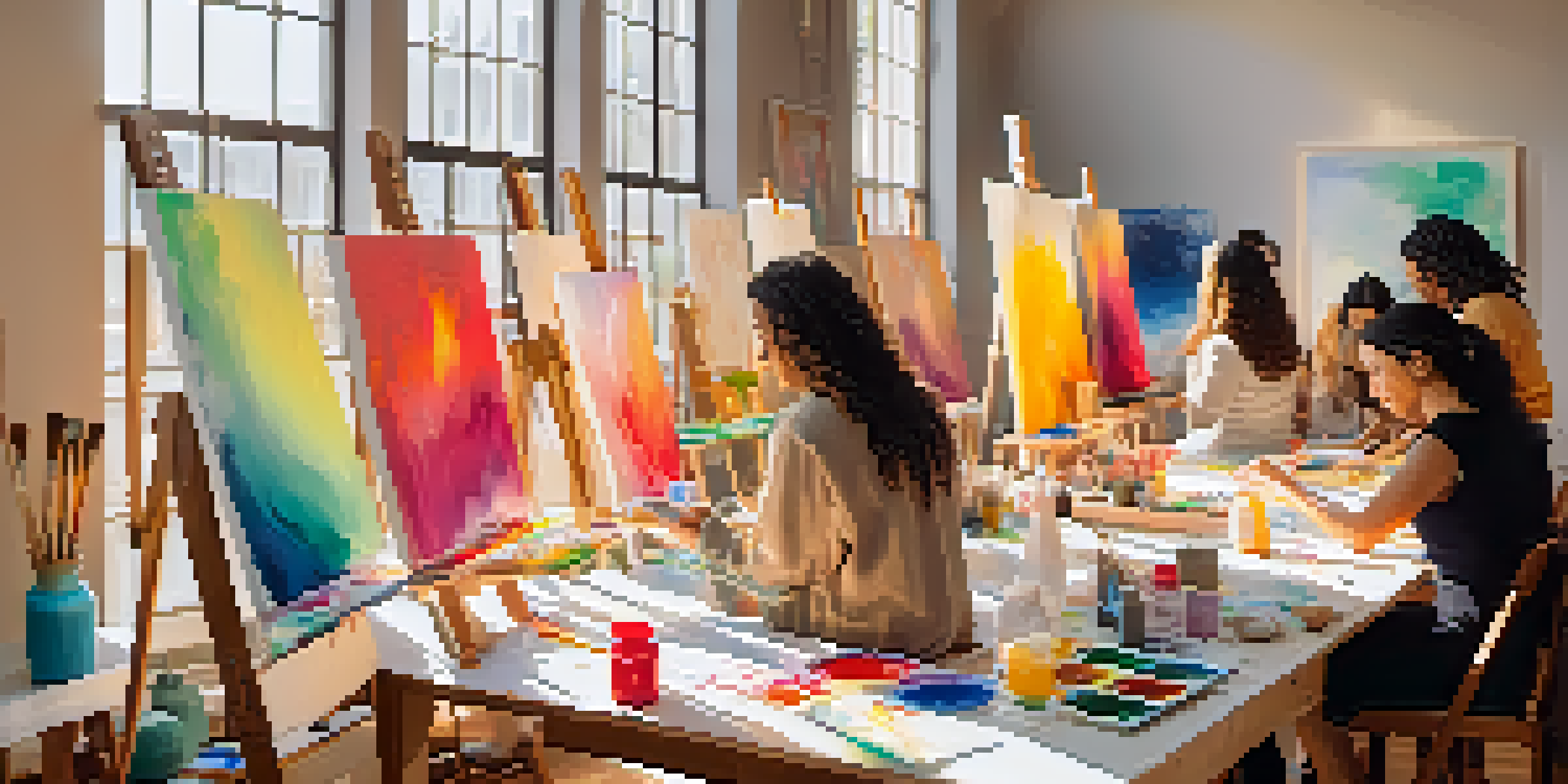 A group of individuals engaged in an art therapy session, painting in a bright studio with large windows and colorful art supplies.