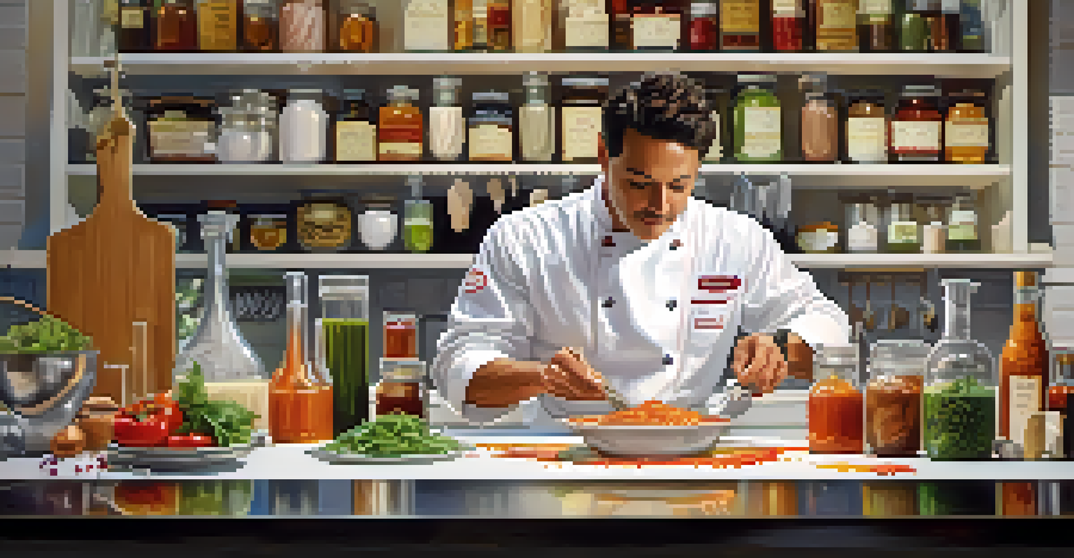 A chef painting a design with sauces on a white plate in a well-organized kitchen.