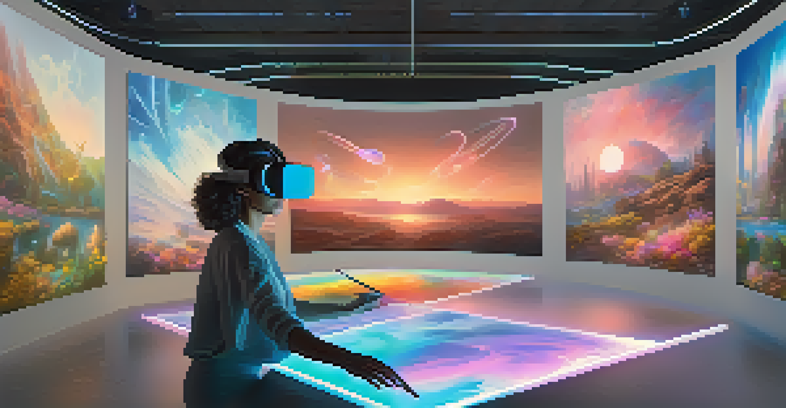 An artist in a virtual reality workspace creating a digital landscape with holographic tools.