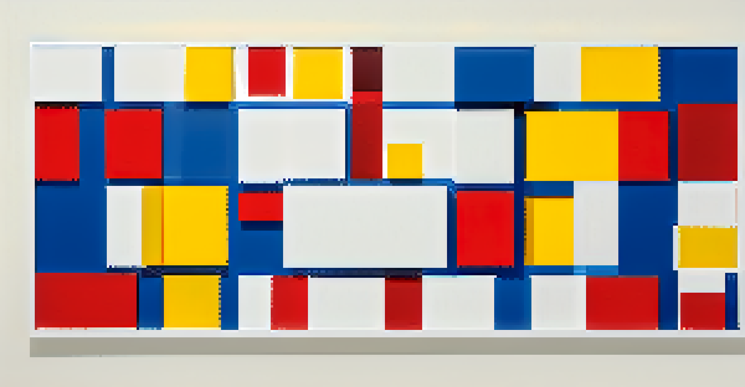 A minimalist abstract composition with geometric shapes in primary colors on a white background, creating a sense of harmony and order.