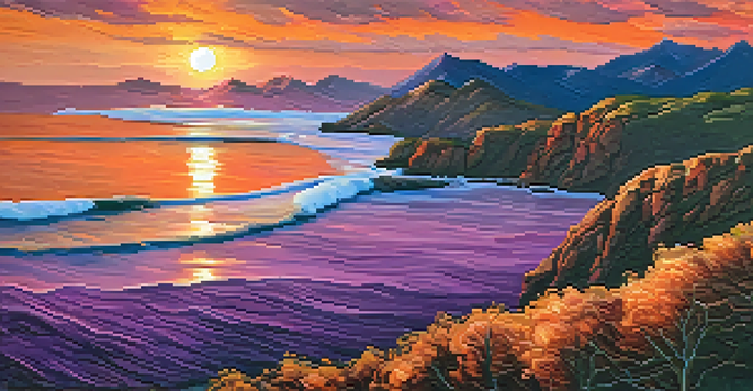 A close-up of a vibrant sunset oil painting with thick, textured brush strokes in orange, pink, and purple colors over a rugged landscape.