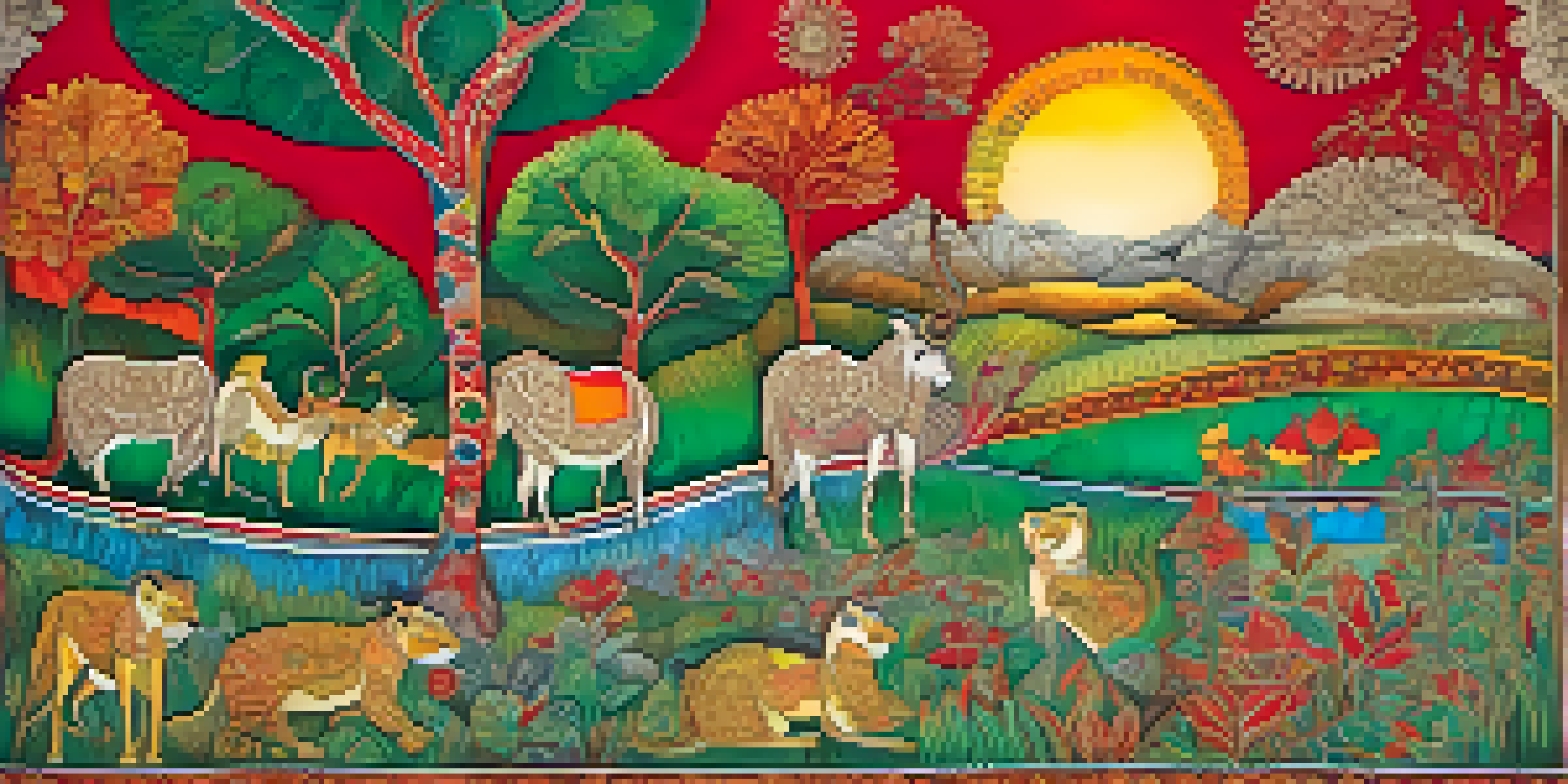 A colorful landscape inspired by traditional Indian Madhubani painting, showcasing intricate floral patterns and mythical creatures under soft sunlight.