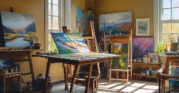 An art studio with colorful paintings, sculptures, and natural light streaming through windows.