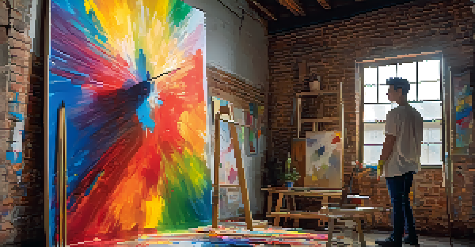A passionate young artist standing in front of a colorful canvas, with paint splatters around, conveying creativity and determination.