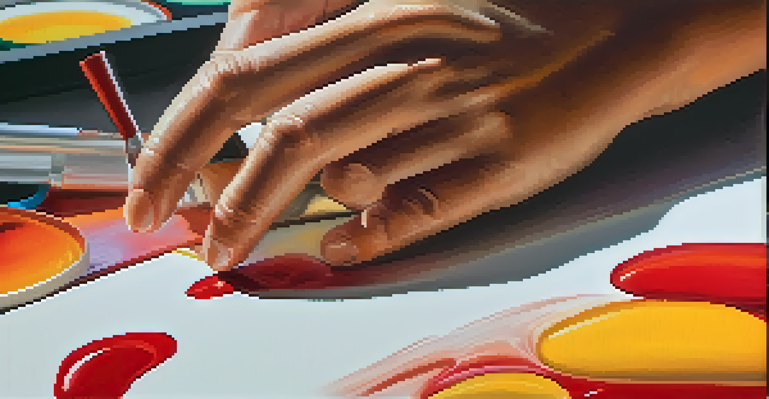 A close-up of a hand applying warm colors to a canvas, focusing on the vibrant paint and textured surface.