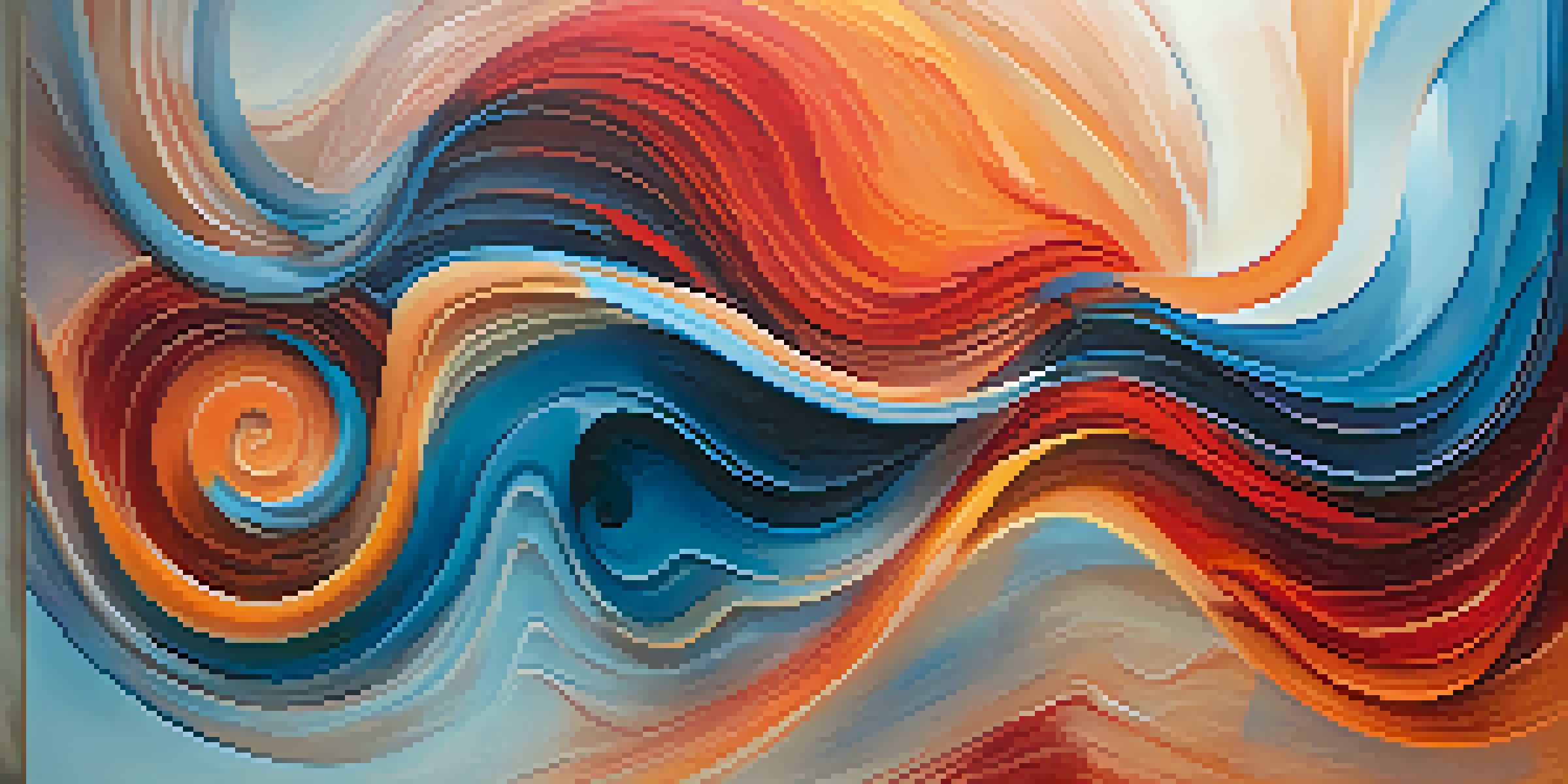 An abstract painting with swirling shapes in warm reds and cool blues, creating a dreamlike atmosphere.