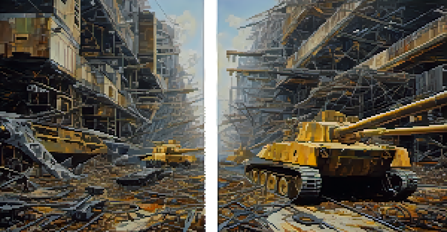 An abstract art piece contrasting technology and war.