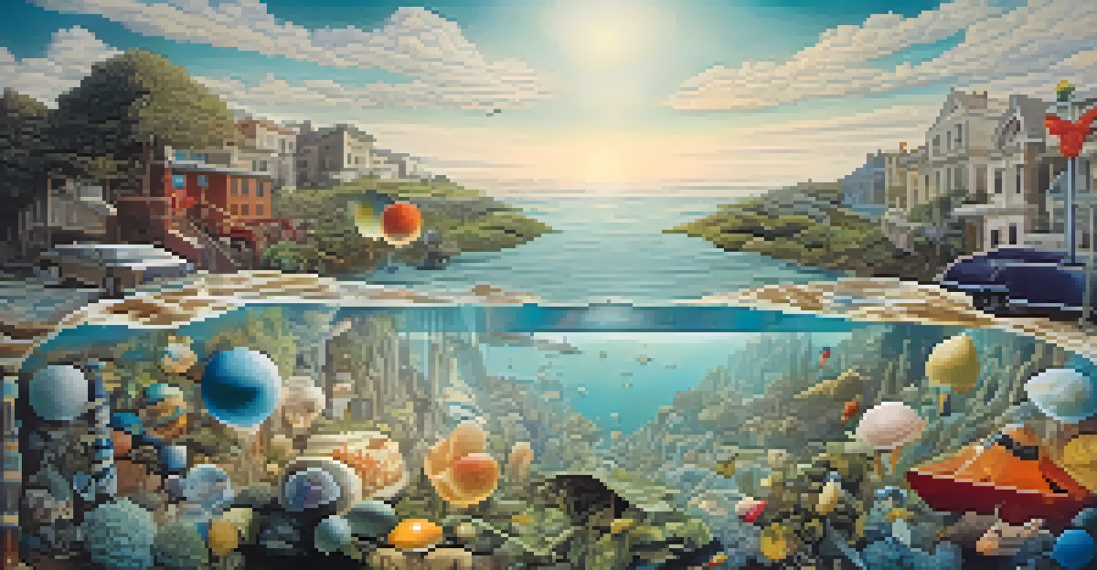 A surreal collage featuring dreamlike landscapes and floating objects, blending nature and urban scenes with rich textures and soft lighting.