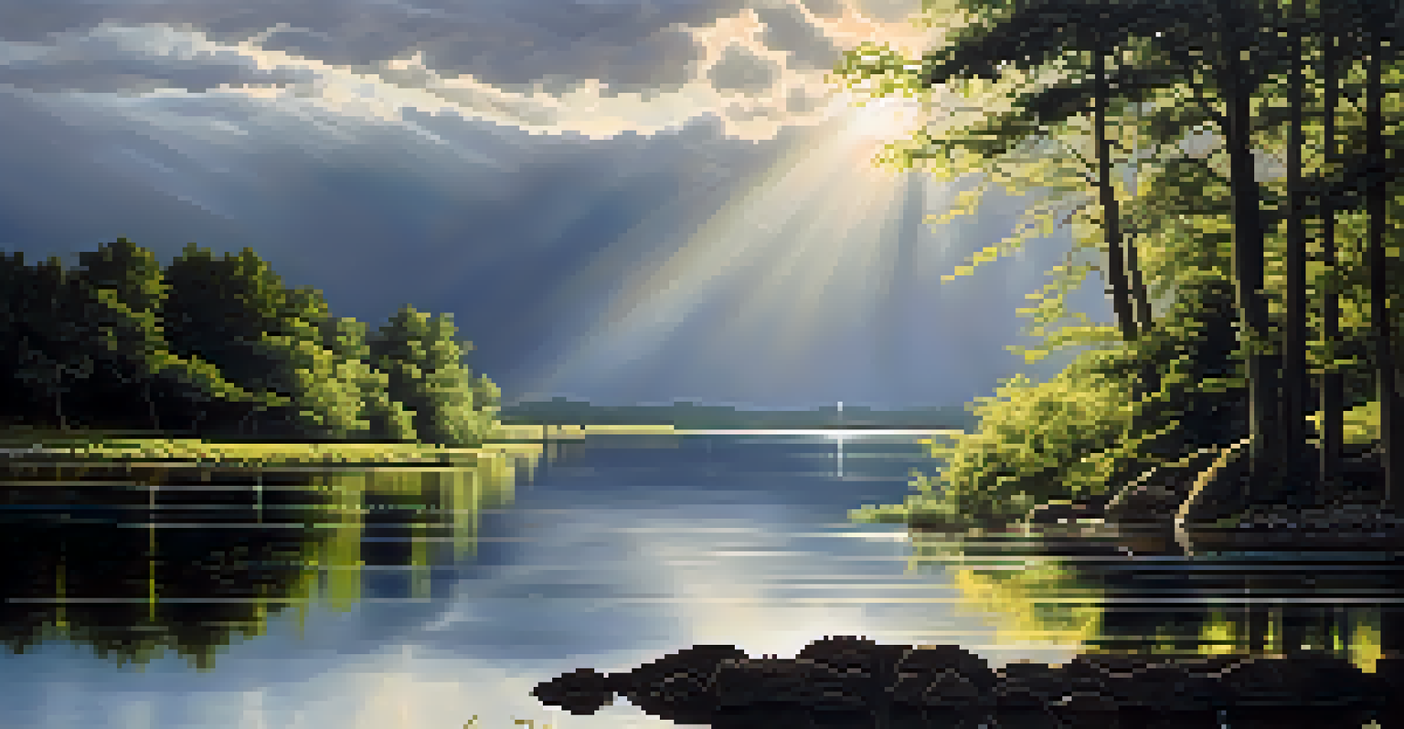 A serene outdoor landscape with divine light breaking through dark clouds, illuminating the scene below and creating a sense of hope.