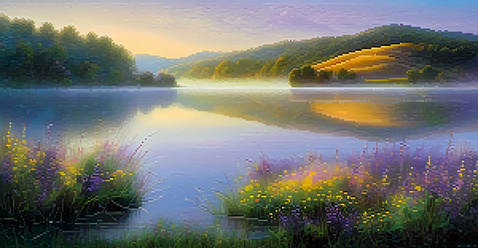 A tranquil lake at sunrise with mist, vibrant wildflowers in the foreground, and soft hills in the background, reflecting pastel colors in the water.
