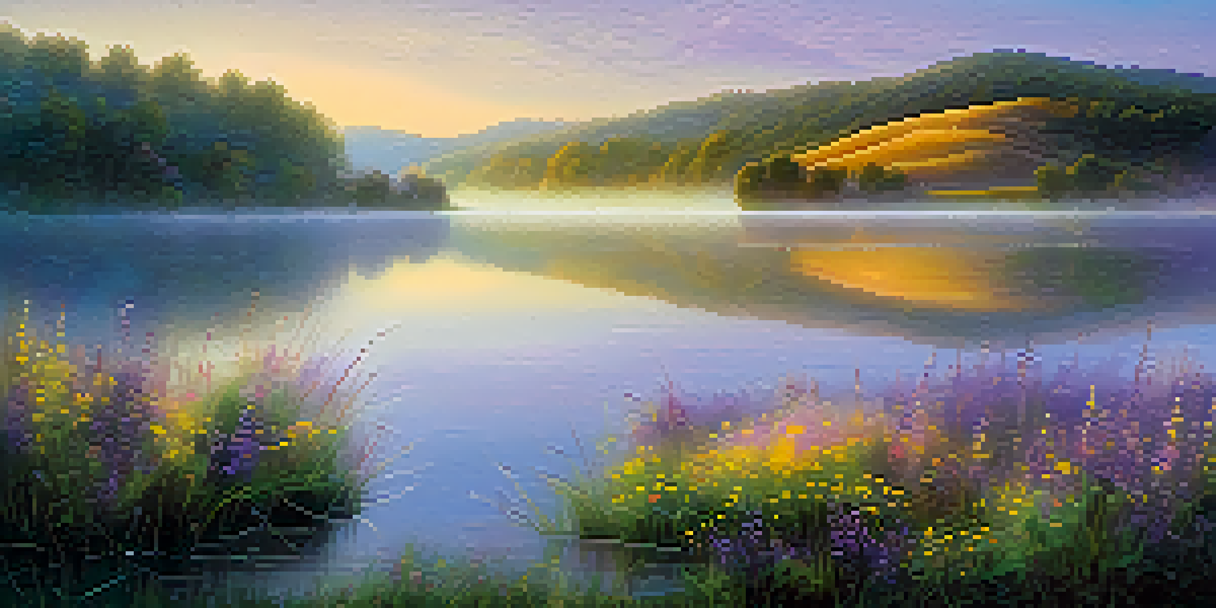 A tranquil lake at sunrise with mist, vibrant wildflowers in the foreground, and soft hills in the background, reflecting pastel colors in the water.