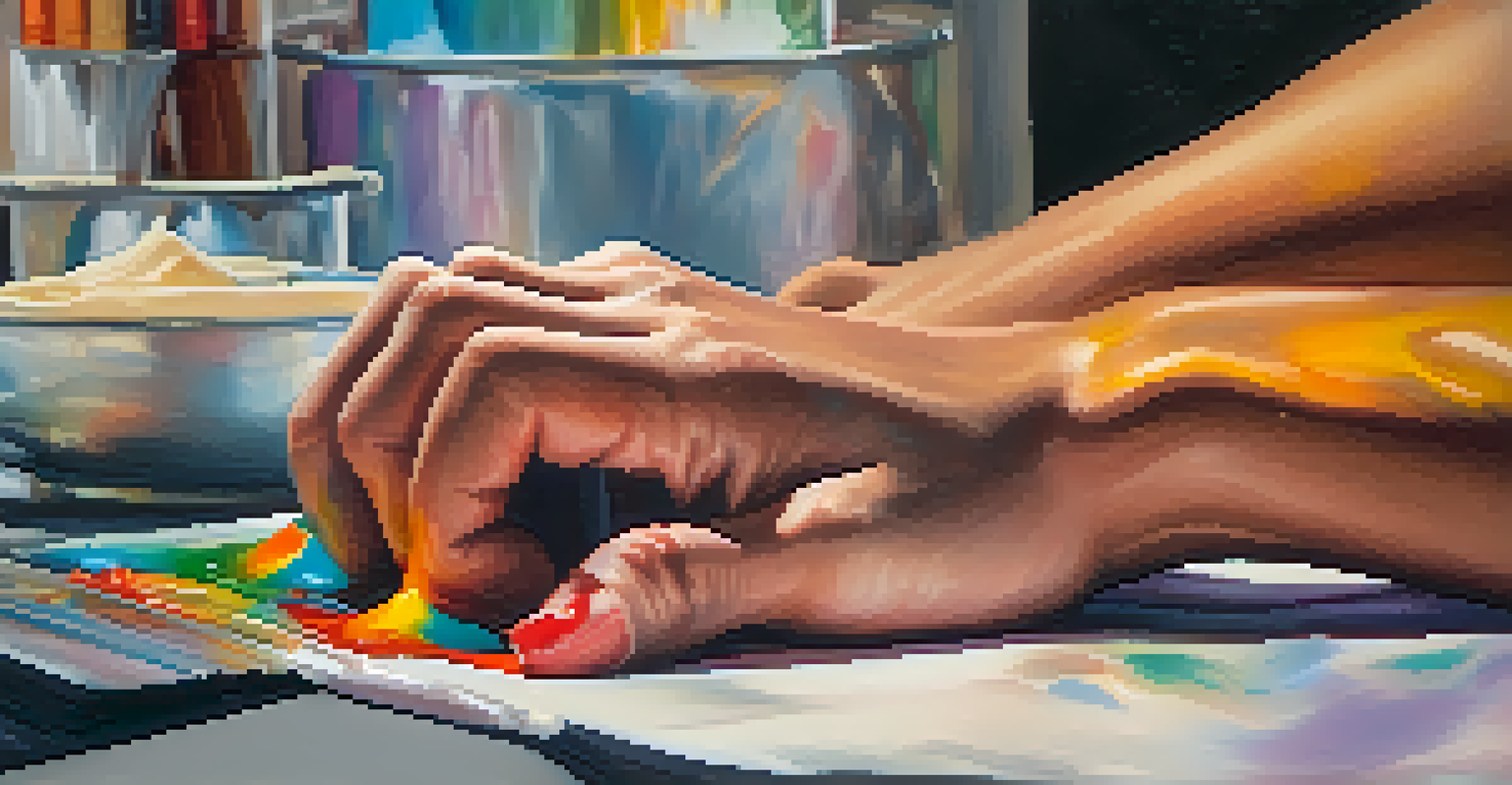 Close-up of hands painting on a canvas with bright colors, highlighting the texture and emotions of the artwork.
