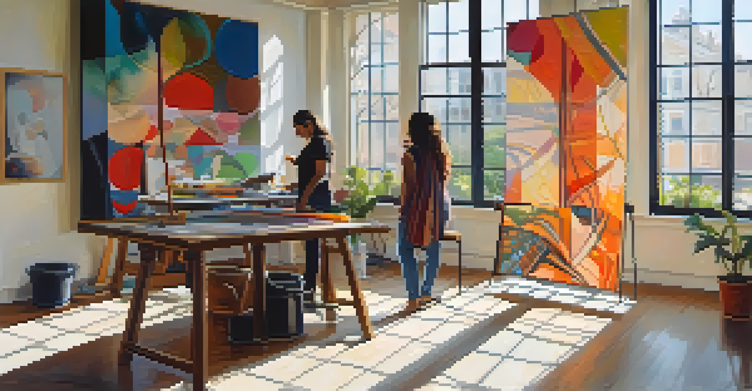 Two artists from different cultures collaborating on a large canvas, creating a fusion of abstract and traditional art styles in a bright studio.