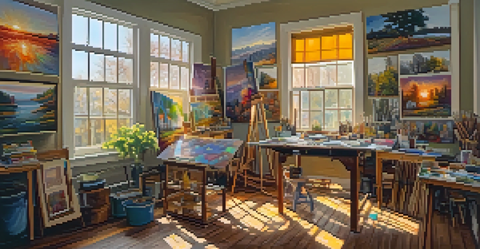 An artist working in a colorful studio filled with paintings and art supplies, illuminated by sunlight.