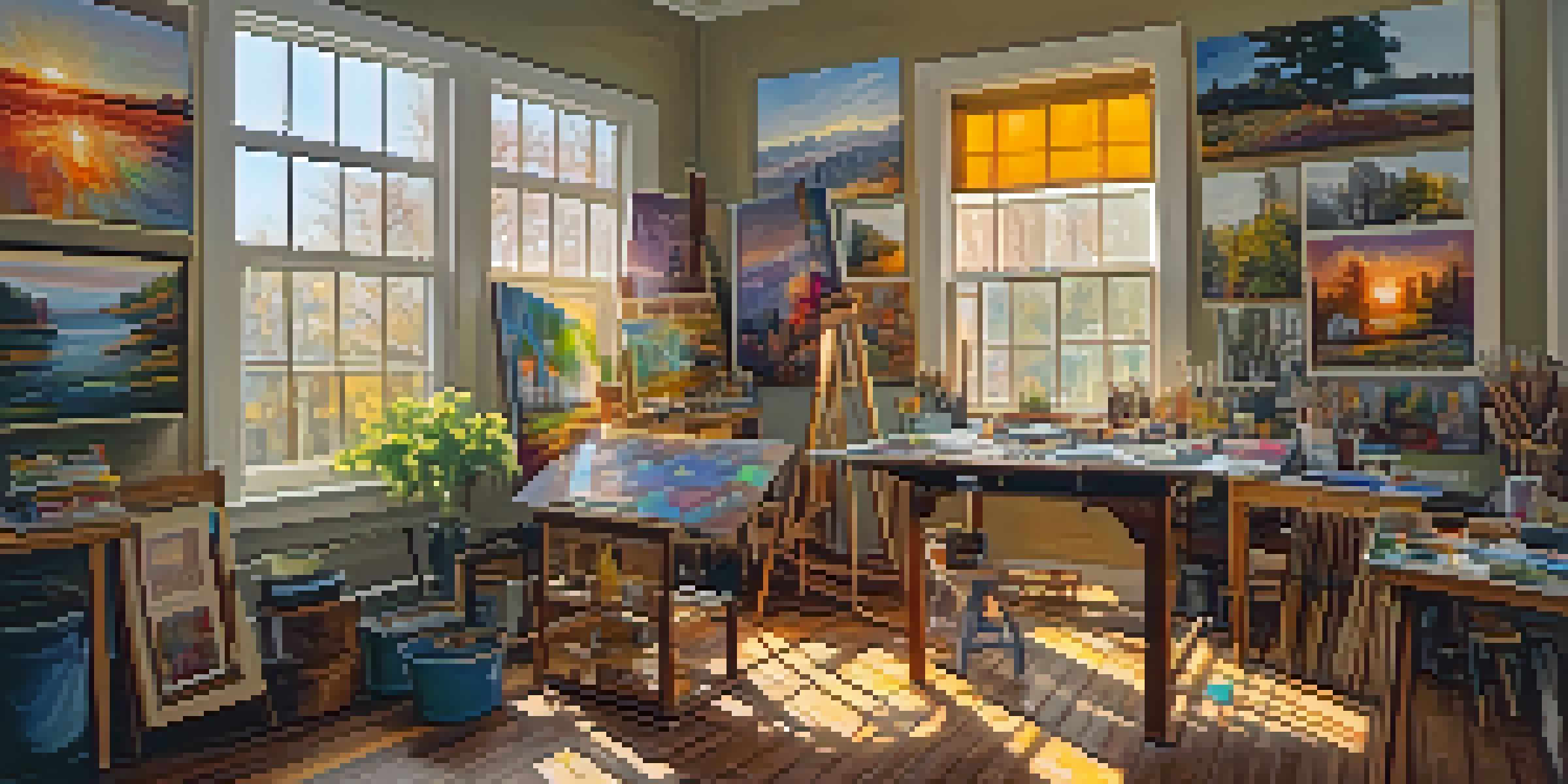 An artist working in a colorful studio filled with paintings and art supplies, illuminated by sunlight.