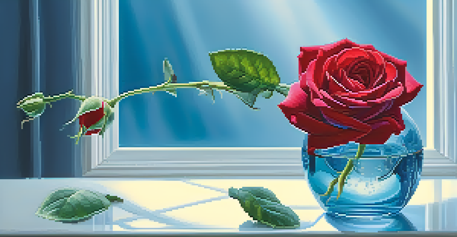 A close-up of a red rose in a glass vase with a soft blue background, emphasizing romance and tranquility.