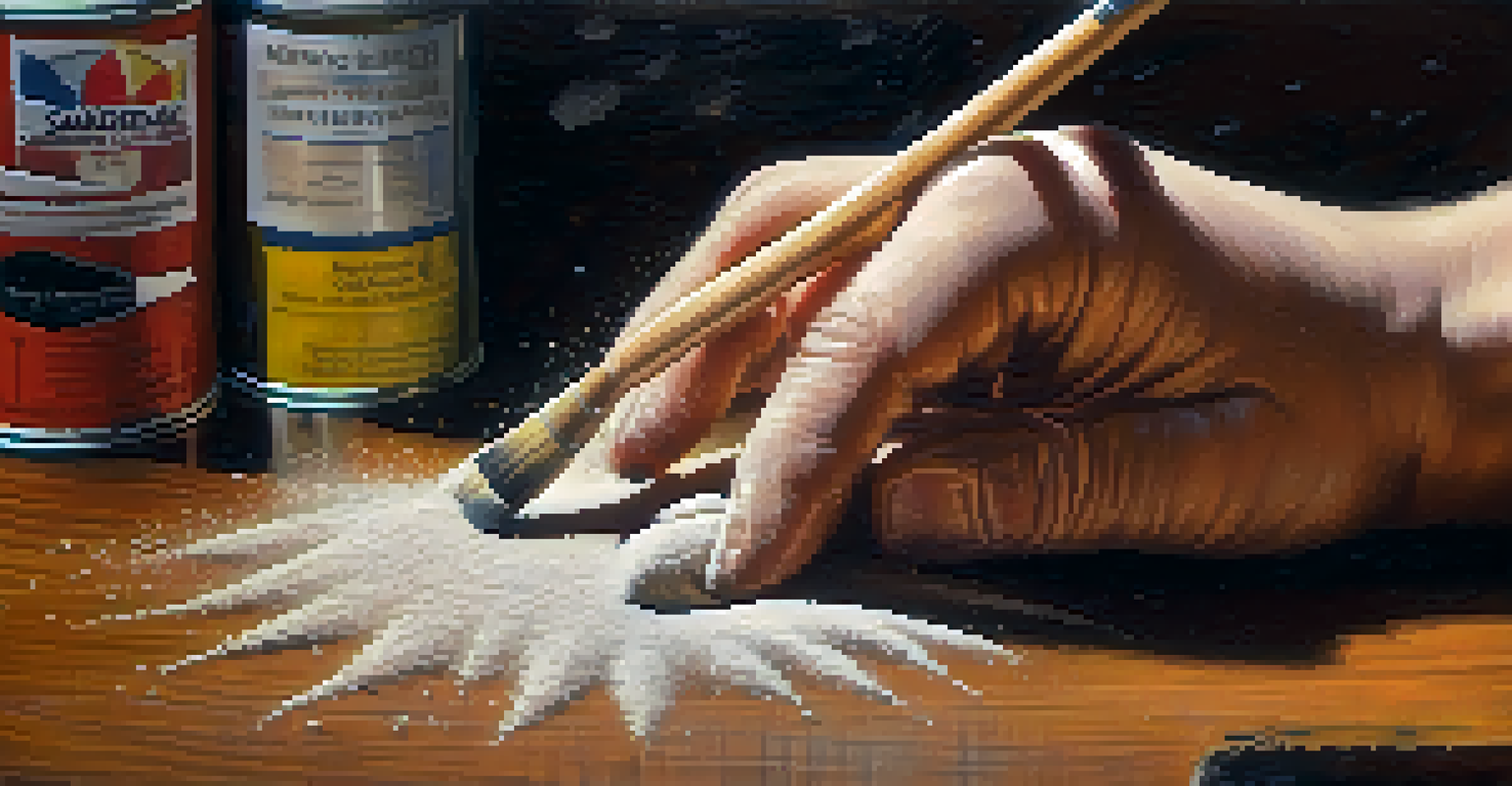 A close-up of a hand sanding a wooden surface, with dust particles illuminated in the air.