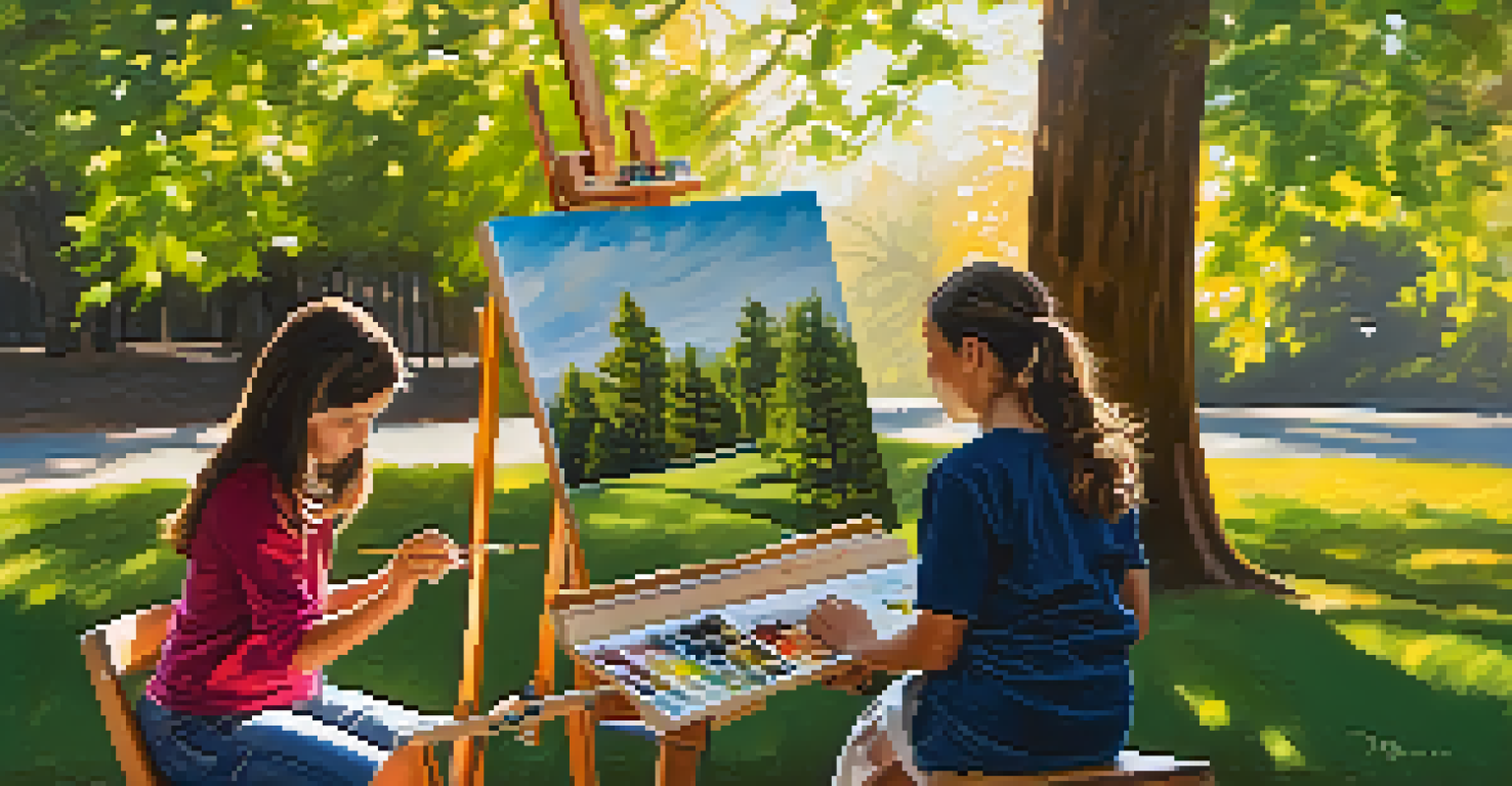 A mentor and mentee painting together in a park, with sunlight filtering through trees, capturing their concentration and creativity.