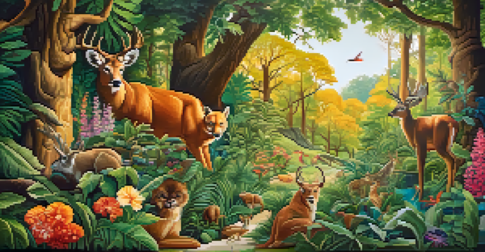 A colorful mural of a forest filled with trees, flowers, and animals, illuminated by sunlight.